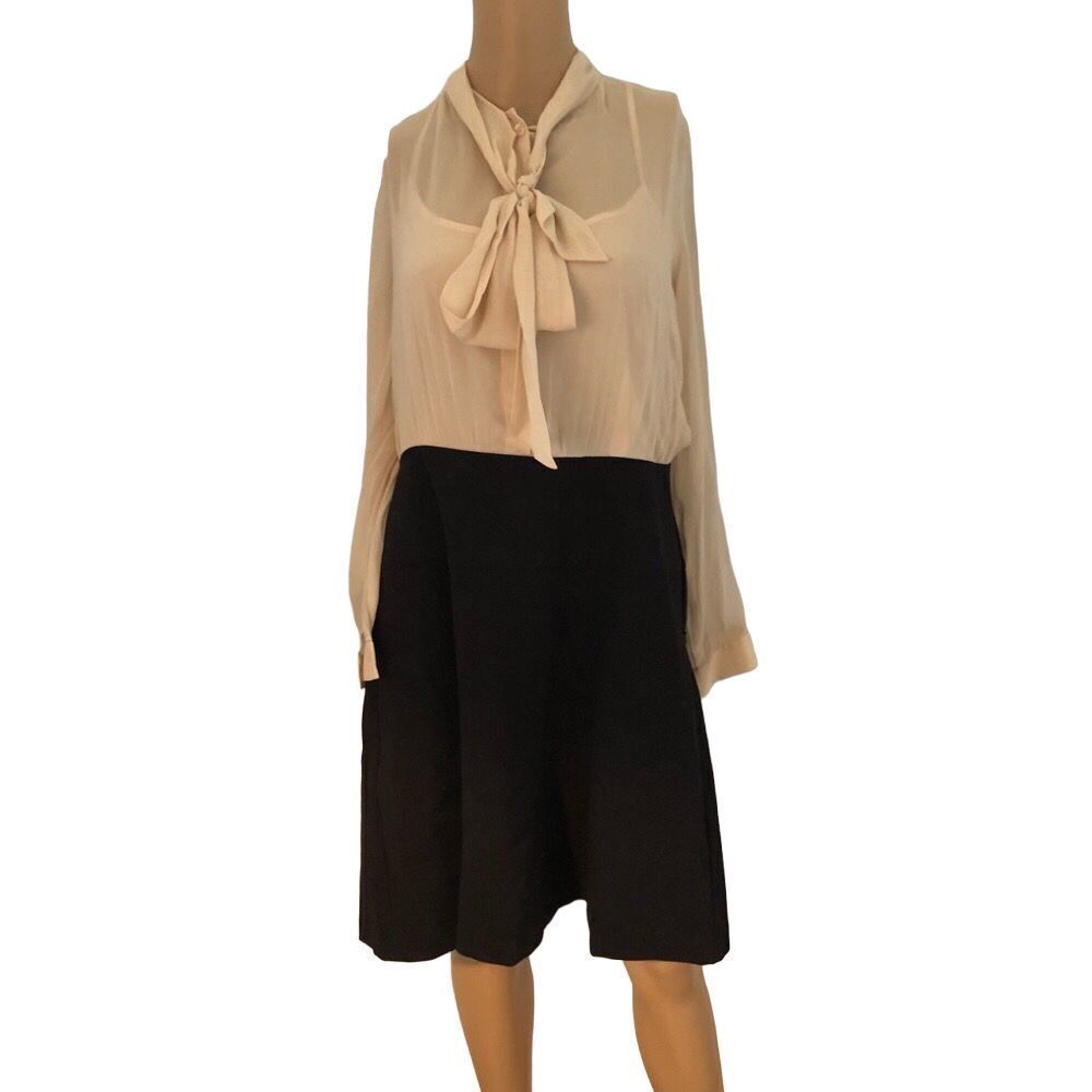 SZ12 DKNY  Silk Tie Neck Color Block Dress (Ivory/Black)
